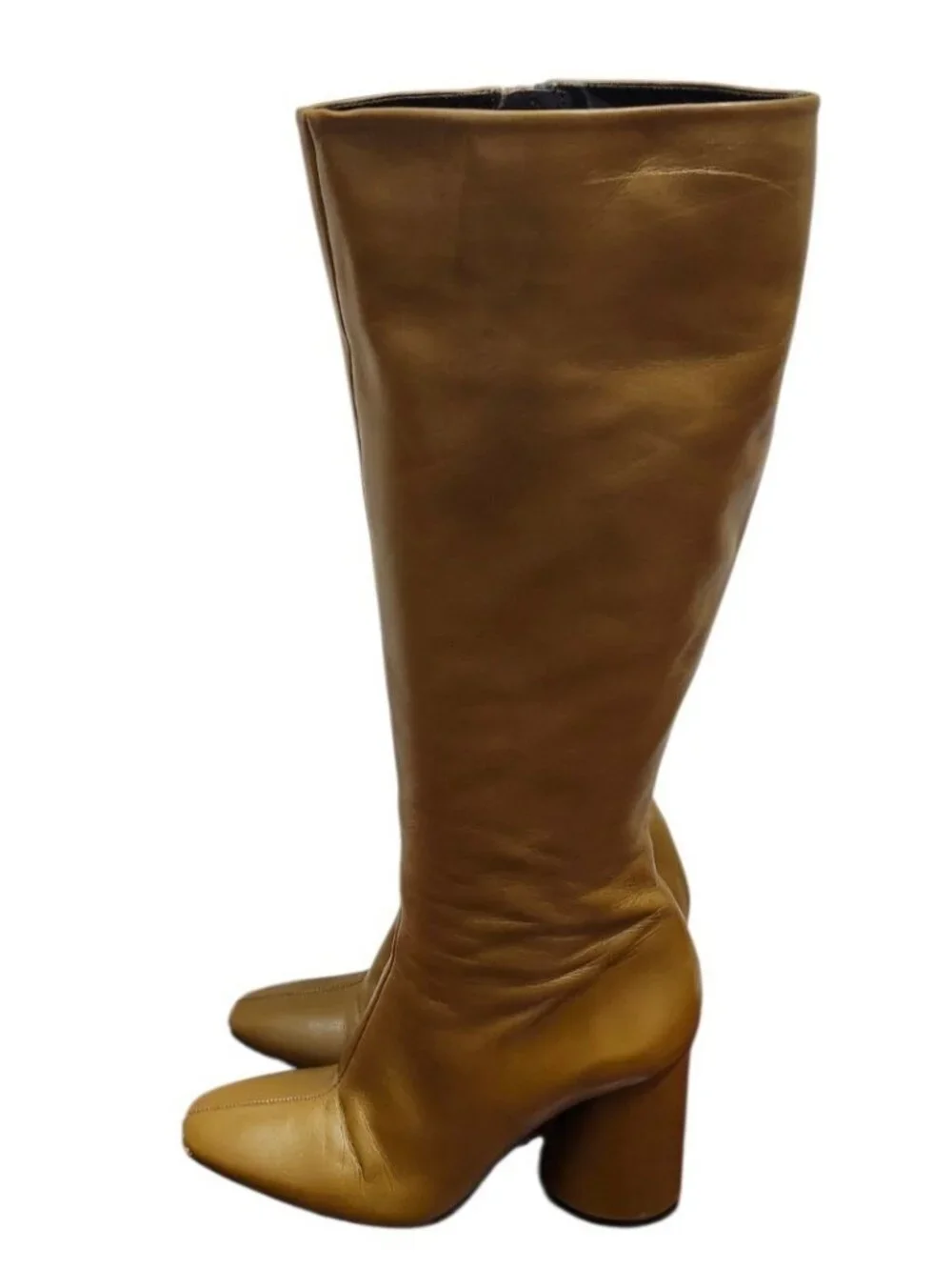 ZARA Camel Brown Leather Knee High Boots Block Heel Square Toe Women's EU 40US 9